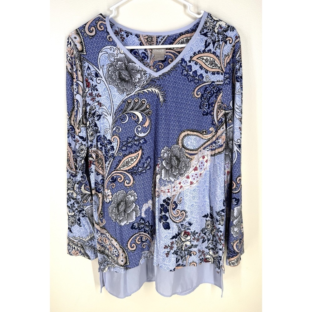 Chicos Tunic Blouse Top Floral Long Sleeve V-neck Medium Stretch Blue Layer